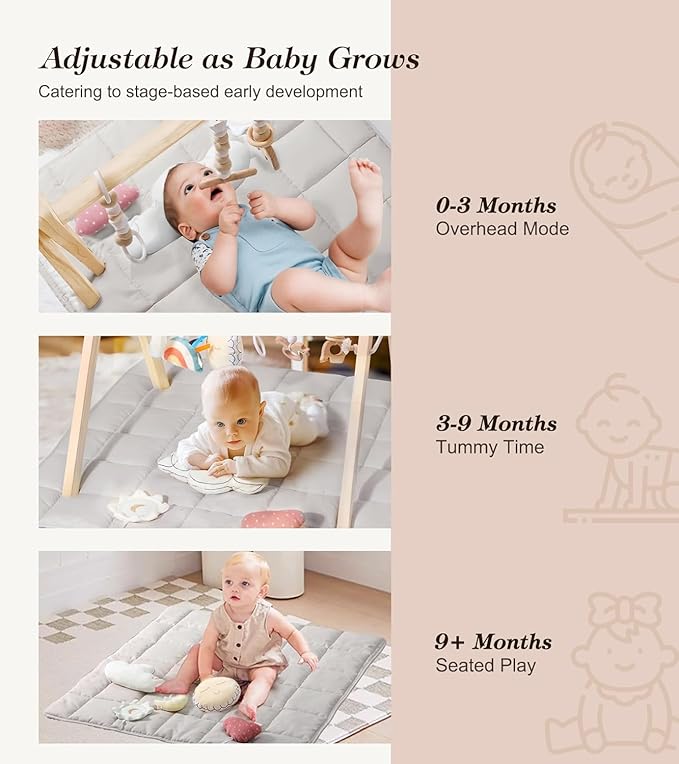 Wooden Play Gym with Beige Mat, Foldable Baby Play Gym, Infant Activity Mat with 6 Hanging Toys, Natural Pine Wood Frame Activity Center, Easy to Assemble & Clean, Newborn Present for Boys & Girls.
