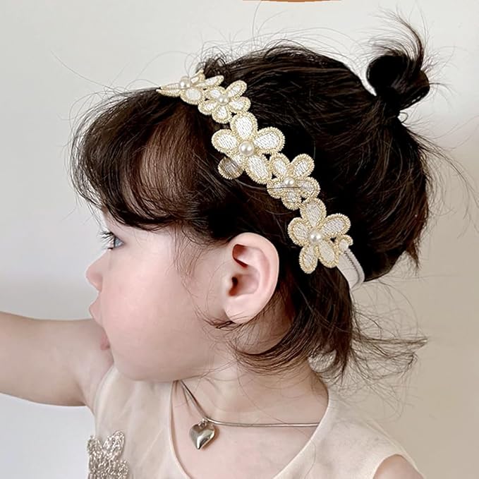 Baby Girl Gold Flower Lace Headband Toddler Elastic Floral Hair Band Newborn Infant Soft Lace Baptism Christening Hair Accessories for Birthday Party (Gold A, Standard size)