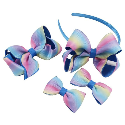 JIAHANG Baby Girls 4 Inch Grosgrain Ribbon Hair Bow Headband and Alligator Clips Set, Colorful Hair Bow Accessories for Children Toddler School Girls 4Pcs Gift Set (Gradient1)