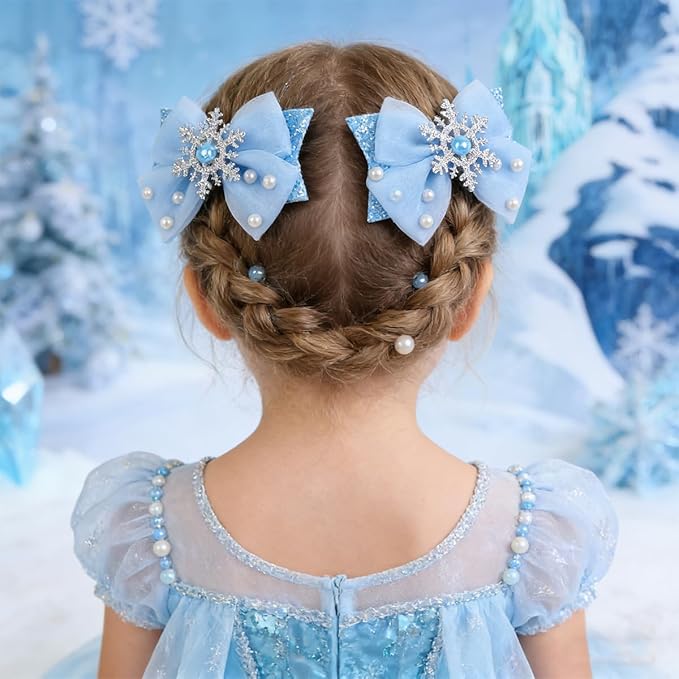 2PCS Baby Girl Dog Gift Wrap Hair Bow Clips Barrettes Blue Glitter Hair Bow Clips with Snowflake and Pearl Embellishments Assorted Hair Accessories Alligator Clip for Little Girls Toddler Kids Teens