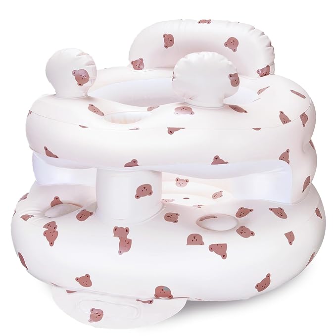 Inflatable Baby Seat for Babies 3-36 Months，[Squeaky Sound & Anti-Fall Design] Inflatable Chair with Sound-Making Ears, Baby Seat for Sitting-Up Practice, Built-in Air Pump (Ear Bear)
