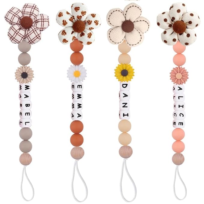 Personalized Baby Pacifier Clip with Name, Custom Floral Flower Silicone Pacifier Clip Baby Gift