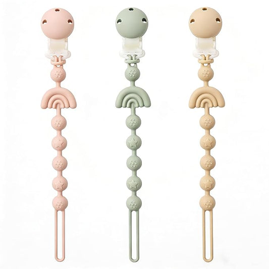 Baby Pacifier Clips One Piece Binky Clip Holder Silicone Teether Clip Pacifier Straps with Clip Baby Teether Toys for Boys and Girls Set of 3 Andy Bear-Ivory+Sage+Blush