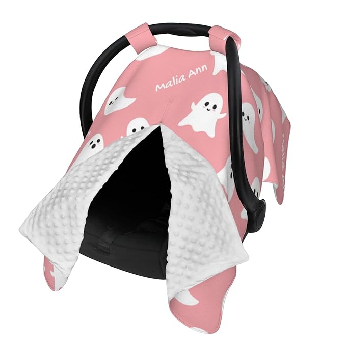 Personalized Baby Car Seat Canopy for Babies with Name, Custom Halloween Pink Ghost Stroller Car Seat Covers for Girls, Minky Nursing Carseat Cover for Breastfeeding, Car Seat Canopies for Newborn