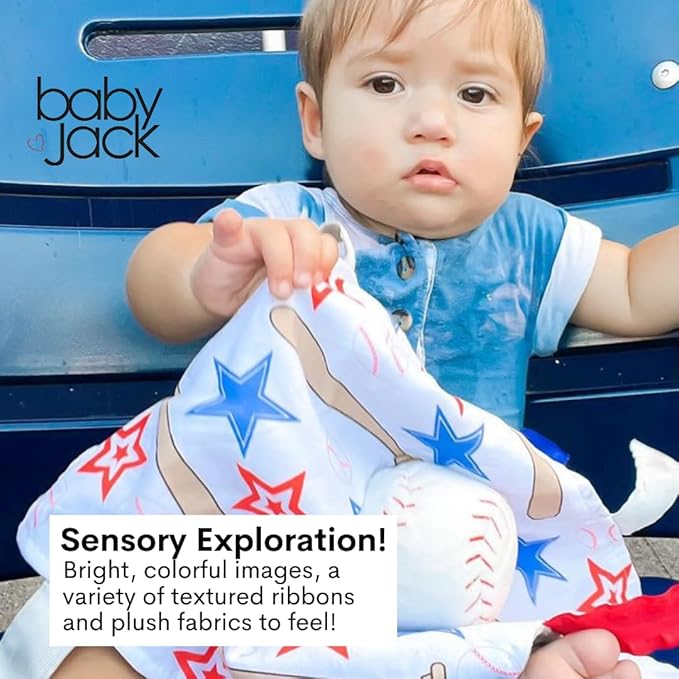 Baby Jack & Co. Sensory, Educational & Closed Ribbon Tag Lovey Blanket with Security Plush: 10"X10" (Baseball)