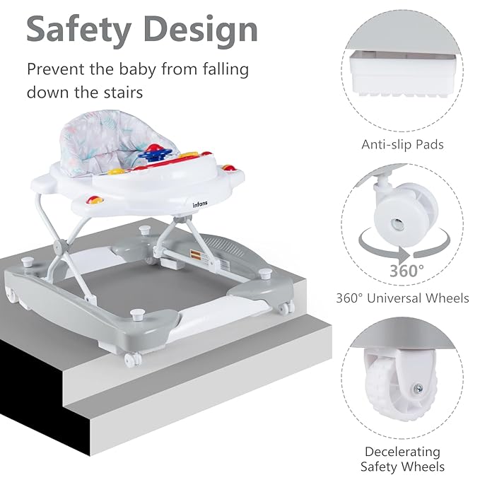 INFANS Baby Walker, 5 in 1 Behind Walker Learning Seated Rocker Bouncer with Removable Music Tray, Adjustable Height, Washable Seat Cushion, Foldable Activity Center for Toddlers (Light Gray)