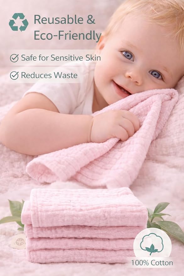 Baby Washcloths, 3-Pack, 100% Cotton Soft Absorbent, 6-Layer Muslin Wash Cloths and Face Towels, Baby Bath Essentials for Newborns, Babies and Toddlers, 8x8 inches (Peach)