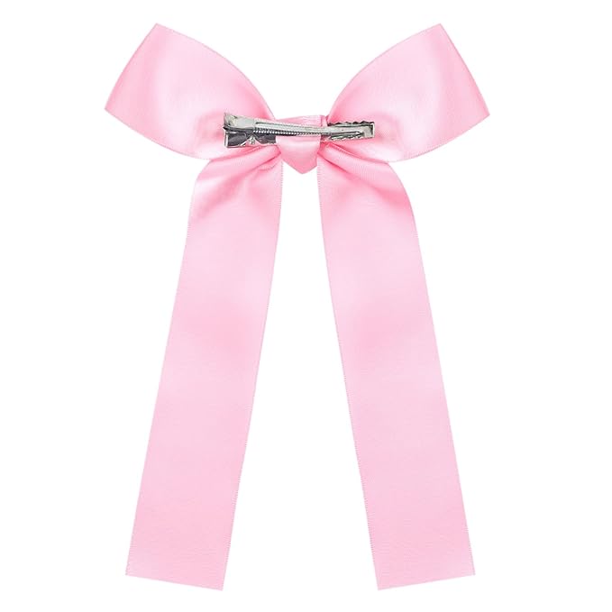 2-Pack Long Satin Ribbon Hair Bows for Girls – Elegant Silk Hair Clips for Toddlers, Infants, Teens & Kids - Pink