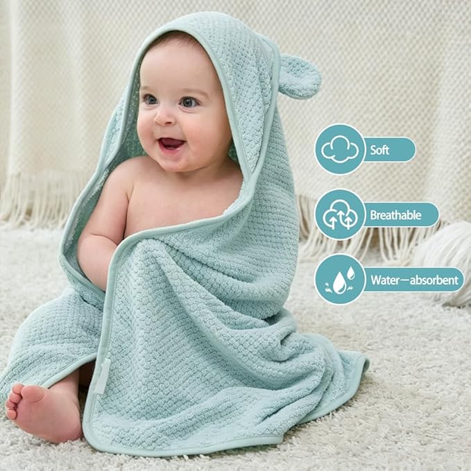 Baby Hooded Towel 2 Pack Bath Towels for Newborn with Animal Design Shower Essentials for Baby Girl Boy and Toddler (Green & Teal, Medium)