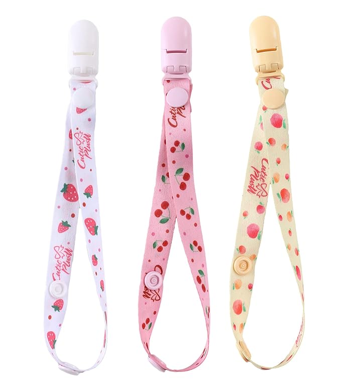 CutiePlusU Adult Size Pacifier Clips 3 Pack-Strawberries, Cherries and Peaches
