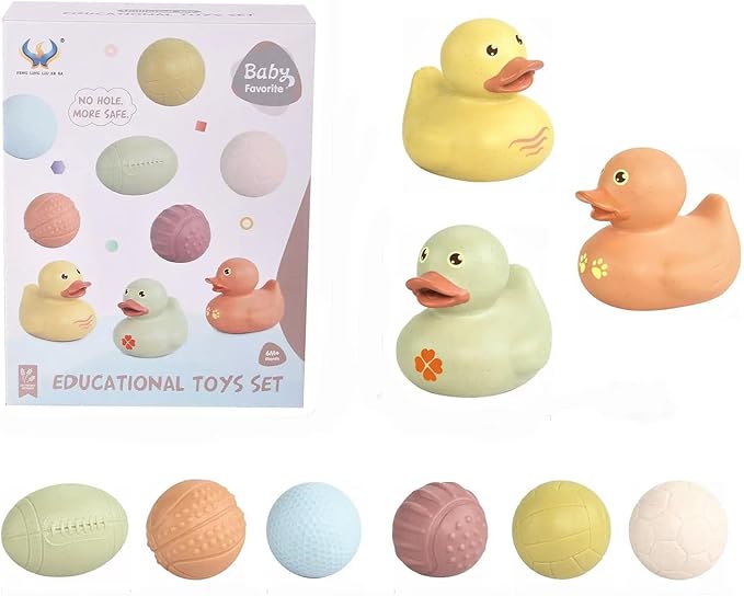 Baby Bath Toys 6-12 Months, 9 Pcs Wheat Straw Sensory Balls & Ducks, No Hole Floating Toddler Bath Toys, for Boys & Girls 1-3, Textured Squeeze Stress Relief Montessori Set