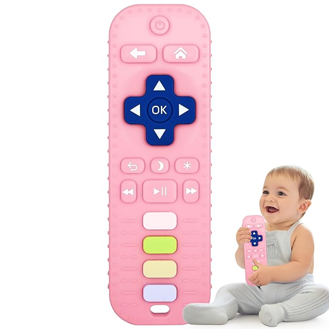 Fu Store Silicone Teething Toys for 0-12 Months 3-24 Months Infant Toddlers Remote Control Shape Teethers for Babies Chew Toys Relief Soothe Babies Gums Set Dishwasher and Refrigerator Safe Pink