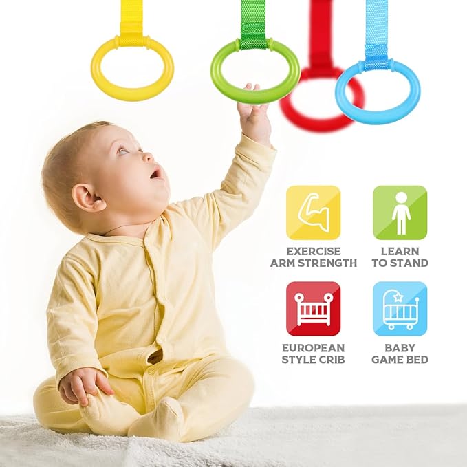 Kisangel 4pcs Baby Play Gym Pull Ring Baby Bed Stand Up Rings Nursery Baby Cot Rings Toddler Activity Kids Walking Training Tool