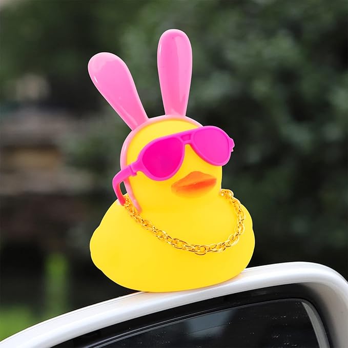 wonuu Car Duck Rubber Duck Car Ornaments Duck Car Dashboard Decorations with Cute Headband Swim Ring Necklace Sunglasses, B-Pink Long Rabbit Ear Headband