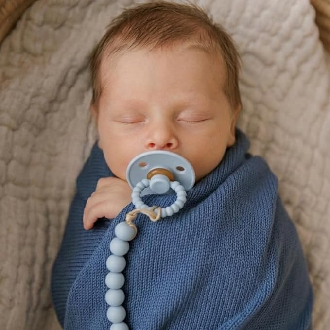 Luladream Pacifier and Clip Set - Natural Rubber Nipple - Soft Teething Handle - for Infants Baby's and Toddlers, 0-18 Months (Sky Blue + Ash Blue + Clips)