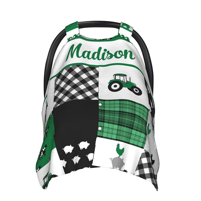 Personalized Baby Car Seat Canopy for Babies with Name, Custom Farm Theme Green Car Seat Covers for Boys Girls, Opening Minky Nursing Breastfeeding Stroller Cover Carseat Canopies for Infant Newborn