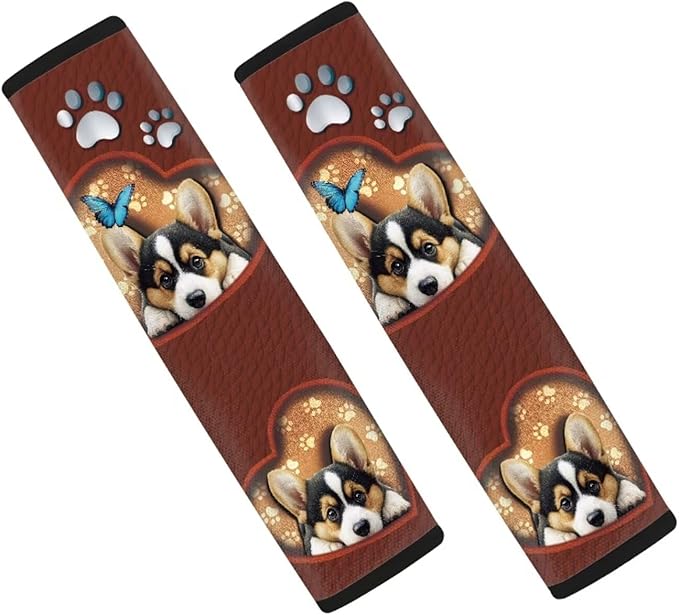 UNICEU Cute Corgi Dog Butterfly Seat Belt Cover Pad 2 Pack Set Soft Automotive Shoulder Pads for Dog Lover,Universal Fit Most Vehicle SUV Truck