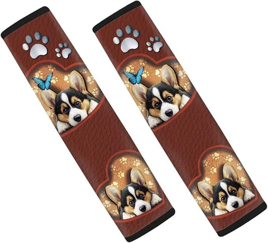 UNICEU Cute Corgi Dog Butterfly Seat Belt Cover Pad 2 Pack Set Soft Automotive Shoulder Pads for Dog Lover,Universal Fit Most Vehicle SUV Truck