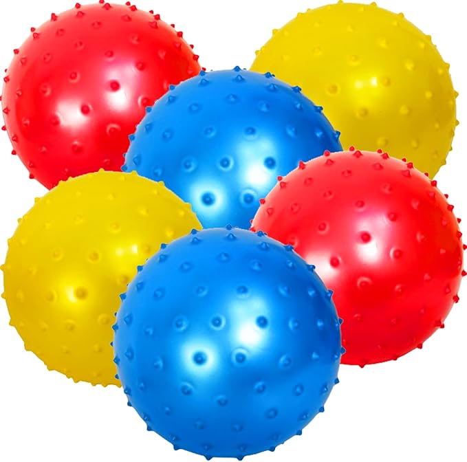 AppleRound 6-Pack of 7-inch Knobby Balls with 1 Air Pump - Fun Sensory Toy for Babies and Toddles, Party Favors, Inflatable Bouncy Balls