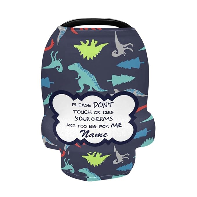Personalized No Touching Sign Baby Car Seat Cover with Name, Customized Dinosaur Infant Stroller Canopy, Multiuse Carseat Covers Nursing Covers Breastfeeding Scarf, Shower Gift for Newborn Boys