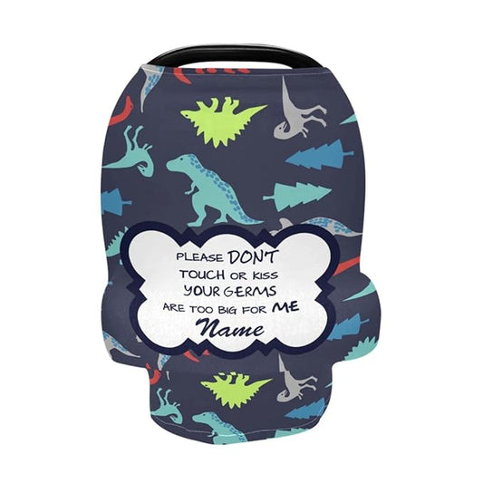Personalized No Touching Sign Baby Car Seat Cover with Name, Customized Dinosaur Infant Stroller Canopy, Multiuse Carseat Covers Nursing Covers Breastfeeding Scarf, Shower Gift for Newborn Boys