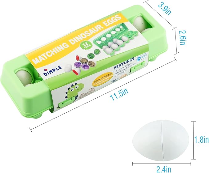 Dimple 12 Dinosaur Egg Matching Toy Play Eggs Easter w/ Holder - Toys for Toddlers STEM Colors & Shapes Recognition Kids Educational Color Sorting Eggs, Multicolored