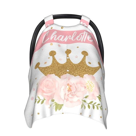 Custom Name Nursing Cover – Crown with Flower Baby Car Seat Canopy, Stroller Cover, Baby Minky Blanket – Personalized Newborn Shower Gift for Infant Girls & New Moms