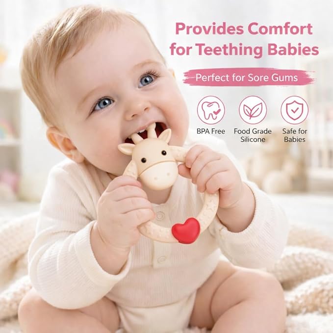 SHARE&CARE Mother's Day, Mom Gifts Silicone Giraffe Baby Teether Toy with Storage Case, for 3 Months Above Infant Sore Gums Pain Relief, Baby Teething Toys, Women Gift for Mom, Wife, Her (Cream)
