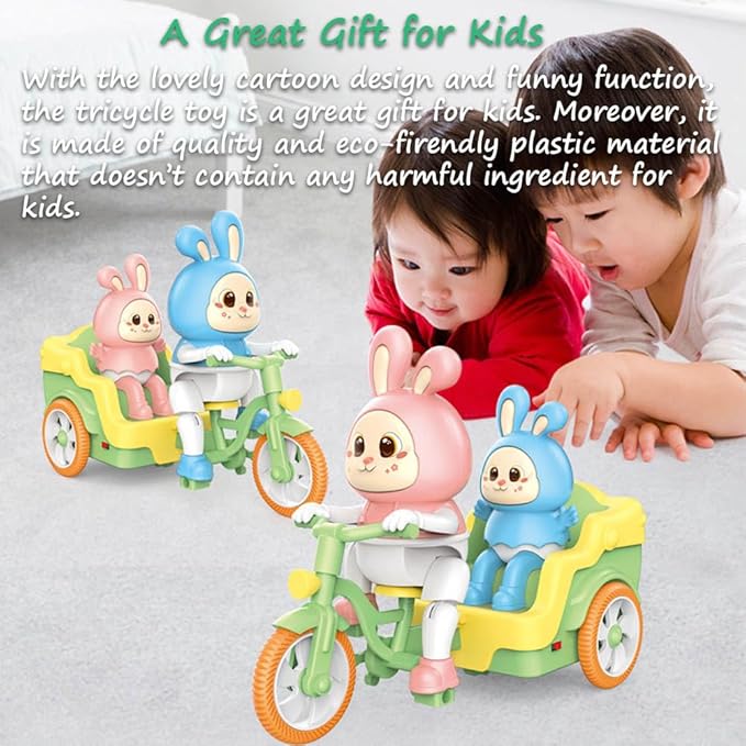Miracland Tricycle-Riding Rabbit Musical Toy, Adorable Baby and Mom Rabbit Toy, Electric Tricycle Toy with Simulated Cycling Movement, Cool Lights and Joyful Music (Blue)
