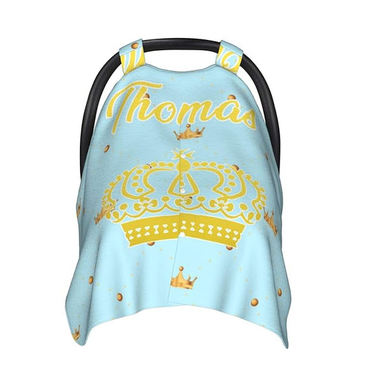 Personalized Baby Car Seat Canopy for Babies, Custom Name Prince Car Seat Covers for Baby Boys Girls, Opening Minky Nursing Breastfeeding Cover for Infant, Carseat Canopies for Newborn