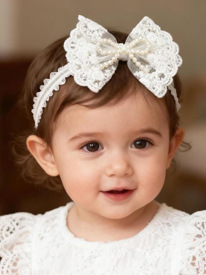 Handmade Baby Girl Headbands in Beige Baby Bows and Floral Lace Headband Bows for Newborns and Toddlers Cute Baby Girl Bows and Newborn Headband Bows