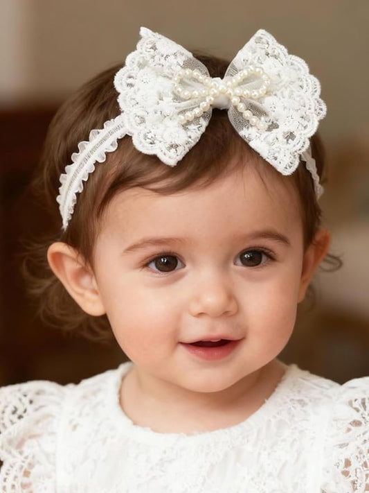 Handmade Baby Girl Headbands in Beige Baby Bows and Floral Lace Headband Bows for Newborns and Toddlers Cute Baby Girl Bows and Newborn Headband Bows
