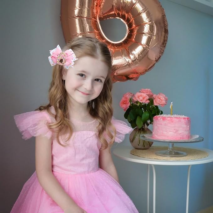 Birthday Hair Clips for Baby Girls - 2Pc Pink Sprinkle Bow Hair Clips for 6th Birthday Glitter Ice Cream Baby Bow Party Decorations for Girls Toddlers Hair Accessories (Pink-6 Years-Clips)