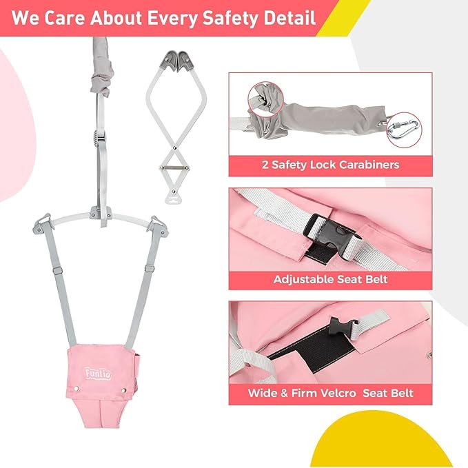 FUNLIO 2 in 1 Baby Door Jumper with Door Clamp, Baby Walking Harness for 6-24 Months, Infant Jumper Doorway with Strong Spring & Adjustable Strap, Easy to Assemble & Store - Pink