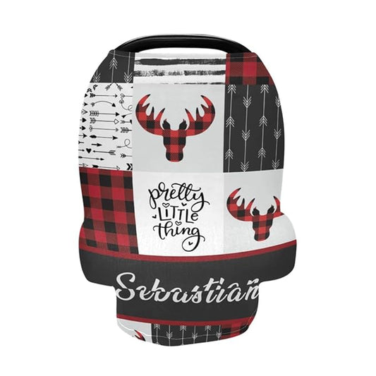 Multi-Use Baby Car Seat Cover Personalized, Customized Woodland Deer Nursing Cover with Name, Breathable Breastfeeding Covers Soft Infant Stroller Canopy, Gift for Newborn Boys Girls