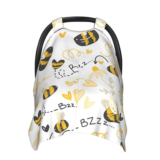 Cute Bees Car Seat Cover for Baby, Peekaboo Opening Carseat Cover Nursing Cover Canopy for Toddler Newborn Shower Gift