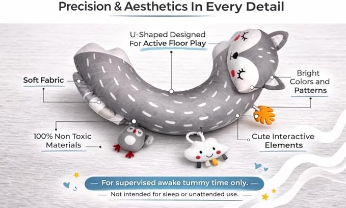 Tummy Time Activity Toy | Baby Sensory Pillow for Infants 0-6 Months | Pillow with Detachable Rattle | Crinkle & Teether Toys | Soft Breathable Floor Pillow for Newborns and Babies