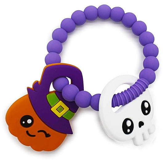 Big Spinach Pumpkin Teether Cute Ghouls Ring Teething Toy and Blind Box Silicone Baby Teether Toy,Girl or Boy Halloween Teether(2PC)