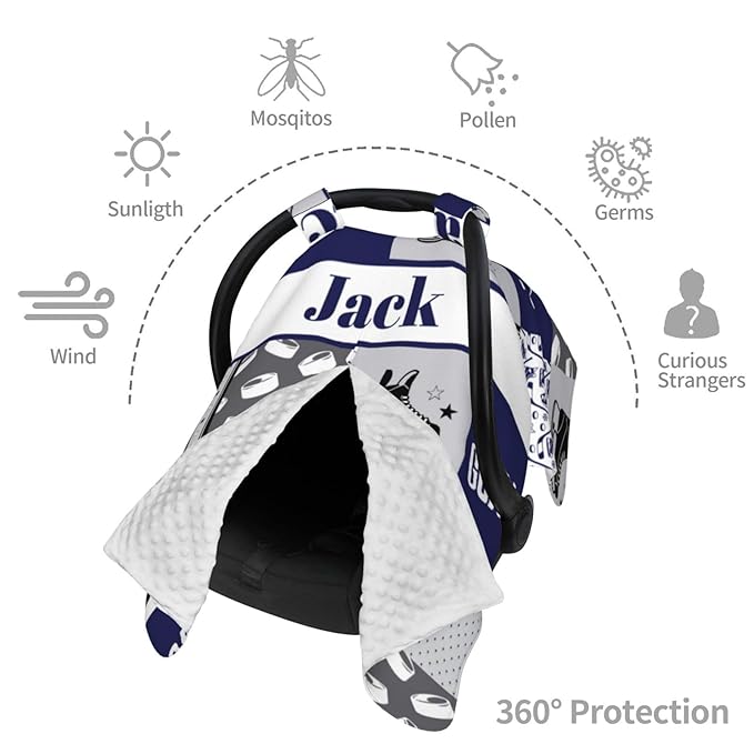 Custom Baby Car Seat Canopy with Name, Personalized Hockey Baby Car Seats Covers for Baby Boy, Opening Minky Nursing Breastfeeding Cover for Infant, Carseat Canopies for Newborn