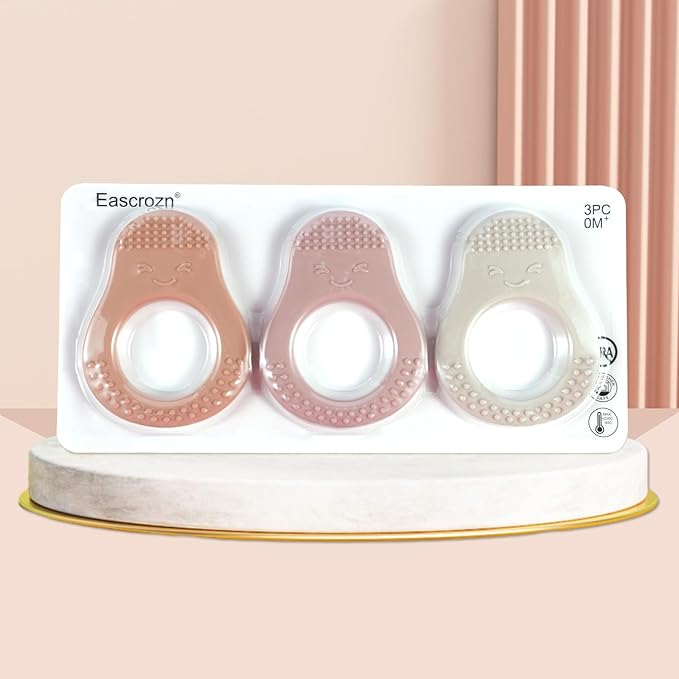 Eascrozn 3 Pack Baby Teething Toys, Food Grade Silicone Teethers for Babies 3-6 6-12 Months, Avocado Shape Baby Teether with Easy to Hold, Teething Relief for Babies, BPA Free