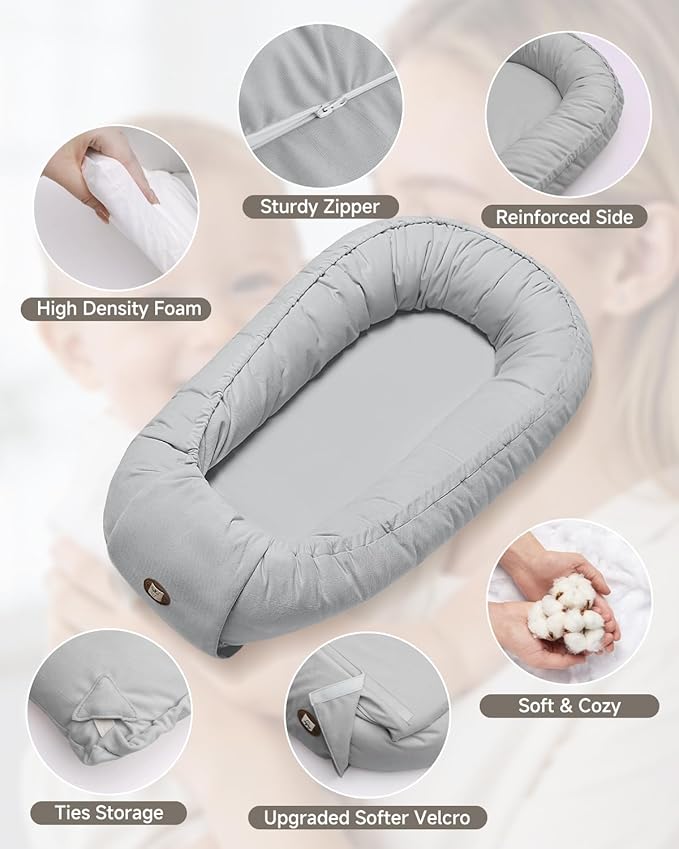 Baby Lounger, Adjustable Baby Lounger for Newborn 0-24 Months, Breathable & Soft Infant Lounger,Tummy Time Lounger for Home and Travel,Baby Girls & Boys Babies Stuff, Mother's Day Gift for Her, Grey