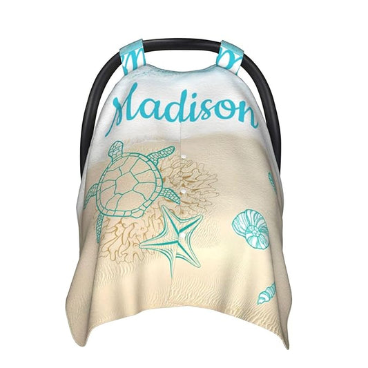 Custom Baby Car Seat Canopy with Name, Personalized Stroller Baby Car Seat Covers for Boys Girls, Minky Nursing Carseat Cover for Breastfeeding, Car Seat Canopies for Infant Newborn(Sea Turtle)