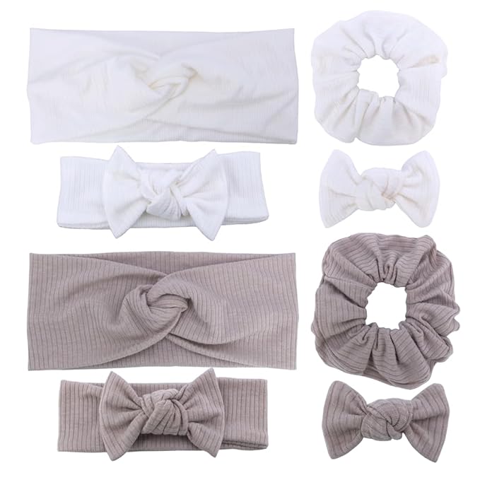 Sugarmelon Mommy and Me Headband Set Mother Baby Matching Turban Headbands for Toddler Baby Girls Women Scrunchies Hair Bow Hairbands (Oat/White)