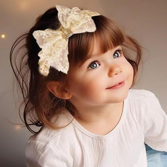 Cute Baby Girl Lace Headband Lace Bow Hair Accessories Elastic Bow Head Wrap for Newborn Infant Toddler Christening Baptism Party Hair Accessories for 0-36 Months (Ivory D, Free)