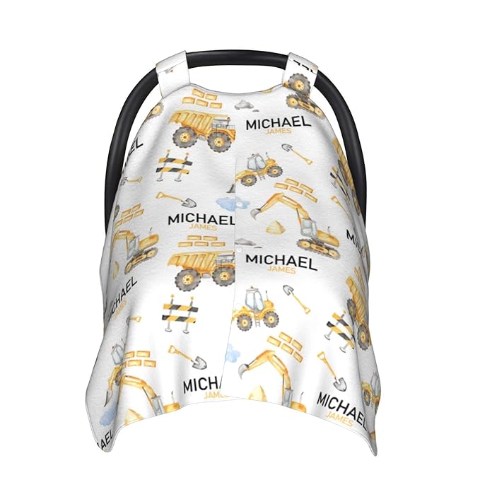 Personalized Baby Car Seat Canopy for Babies, Custom Name Baby Car Seats Covers for Boys, Opening Minky Nursing Breastfeeding Cover for Infant, Carseat Canopies for Newborn (Construction)