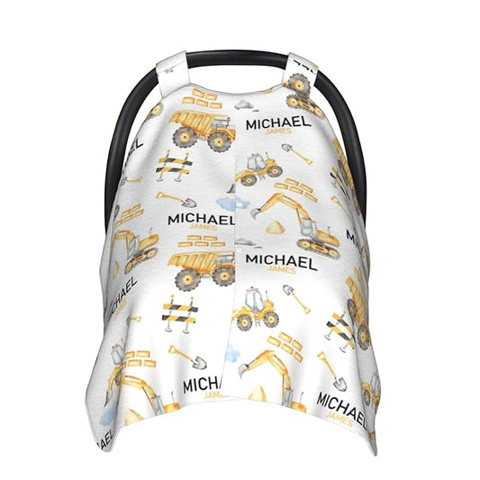 Personalized Baby Car Seat Canopy for Babies, Custom Name Baby Car Seats Covers for Boys, Opening Minky Nursing Breastfeeding Cover for Infant, Carseat Canopies for Newborn (Construction)