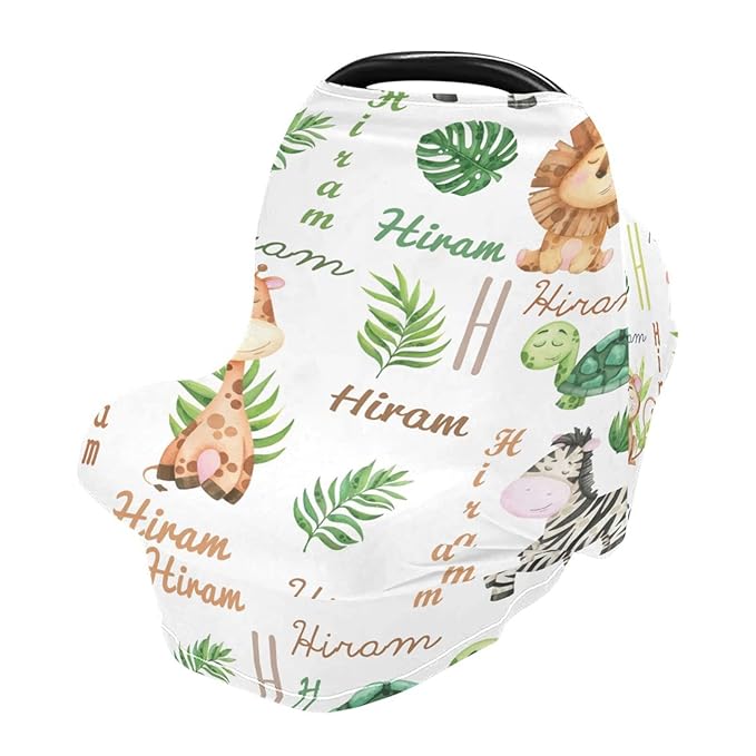 Personalized Monogram Name Baby Car Seat Covers for Boys Girls, Customized Nursing Cover Breastfeeding Scarf, Multi-Use Stroller Canopy for Newborn Infants, Breathable Carseat Cover, Zoo Animal