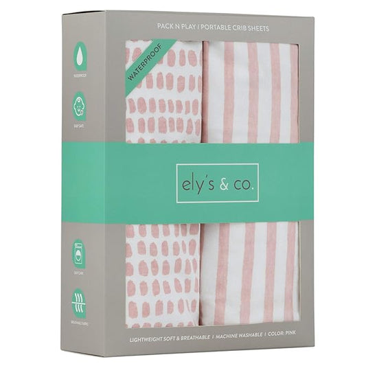 Ely’s & Co. Waterproof Pack and Play/Mini Crib Sheets – All-in-One Mattress Protector and Fitted Playard Sheets – Jersey Cotton – Mauve Pink Splash & Stripes, Baby Girl Nursery Bedding – 2-Pack