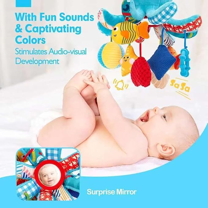 Hanging Toys with Pulling Cords, Squeaky, Rattle, Mirror, Newborn Sensory 0-12 Month Babies Gift Carseat Stroller Hanging Toy for Baby Gym