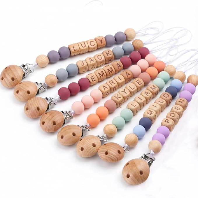 Personalized Baby Pacifier Clip with Name - Custom Wooden Letter & Silicone Beads Chain Holder for Boys Girls Newborn Gift
